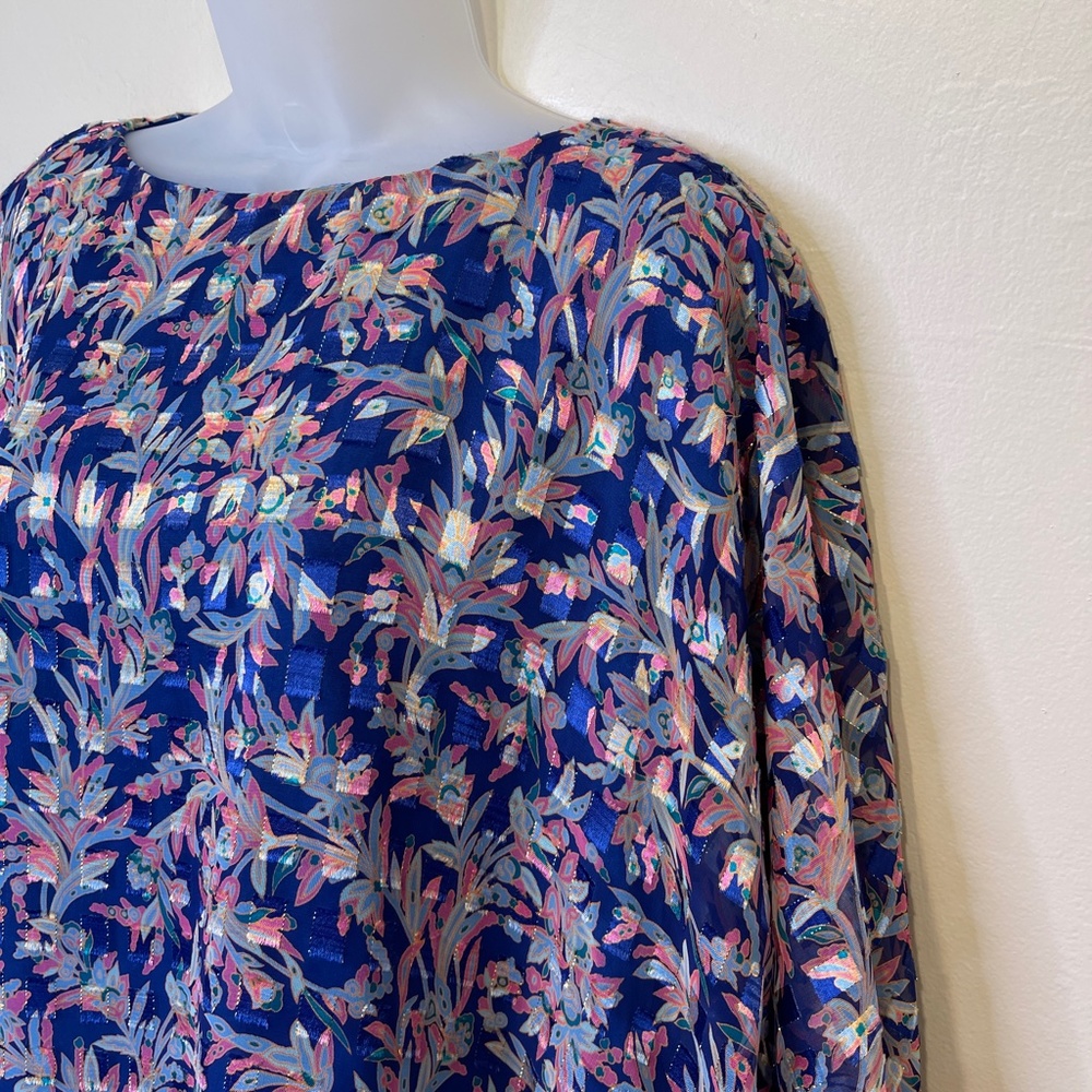 Sia Sia NY VTG Mesh Overlay Check Print Metallic Threading Side Tie Knot Blouse - Picture 5 of 17